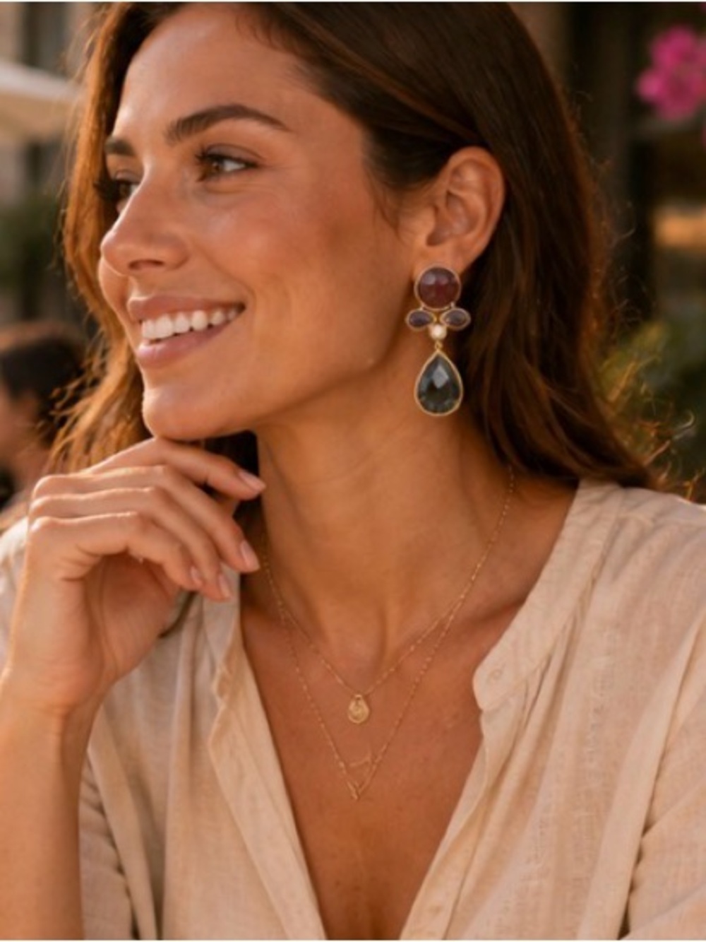 Ottoman Hands gold plated statement dangle earrings – tourmaline amethyst pearl